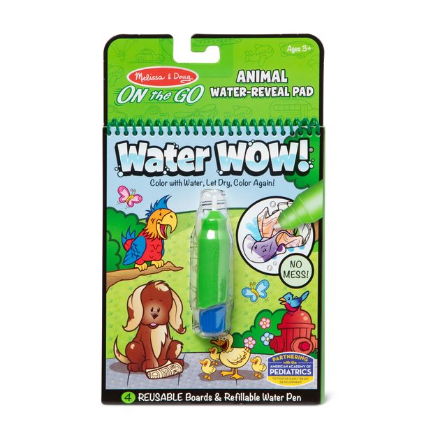 The Melissa & Doug Water Wow! Animals pad in its package, with a green chunky water pen