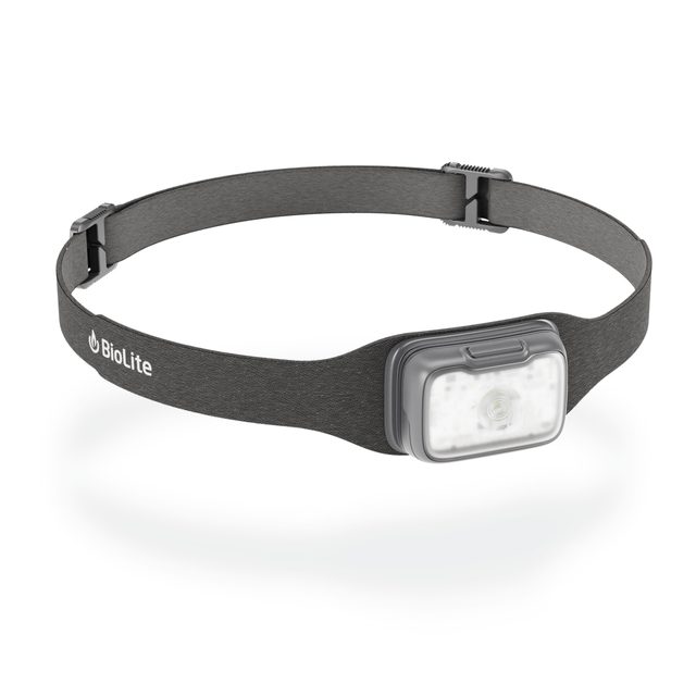 A grey BioLite Range 300 headlamp with a slim lamp on a soft grey headband