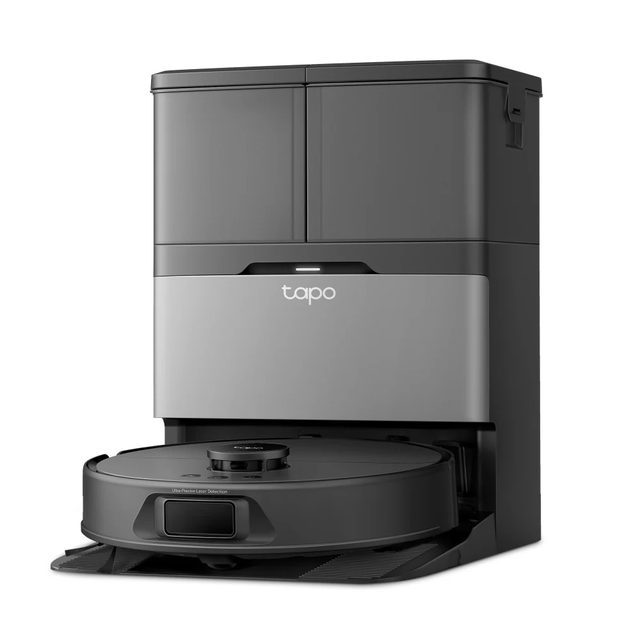 Black Tapo RV50 Pro Omni robot vacuum seated in its large gray and black washing dock