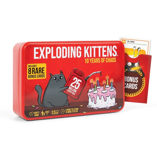 The Exploding Kittens 10th anniversary tin, shown at an angle