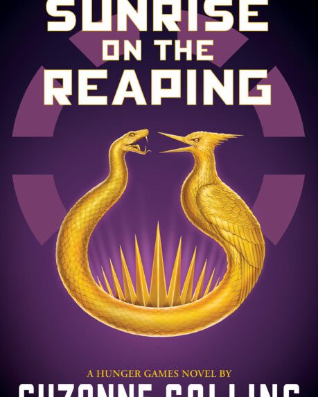 The purple cover of Sunrise on the Reaping, with a gold snake and a gold bird circling each other