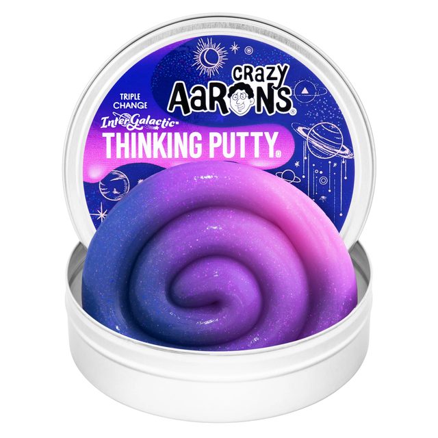 An open tin of Crazy Aaron's Intergalactic Thinking Putty, a swirl of blue, purple and pink putty