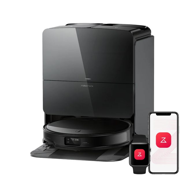 Black Roborock Saros 10R robot vacuum in its tall black multifunctional dock, beside a phone and watch showing the Roborock app