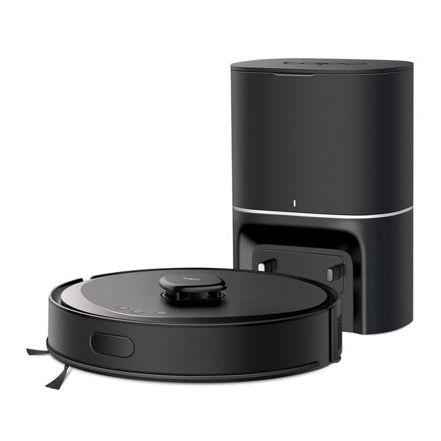 Black Tapo RV30 Max Plus robot vacuum beside its tall round black auto-empty dock