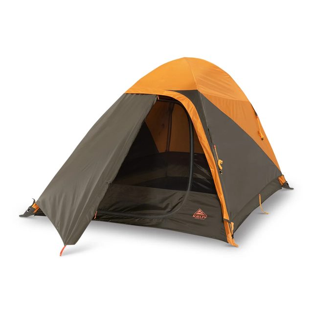 Kelty Grand Mesa 2P tent pitched with its rainfly, in grey and gold