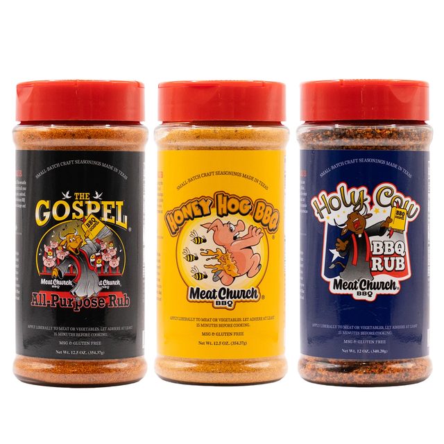 Three Meat Church shaker bottles: The Gospel All-Purpose Rub, Honey Hog BBQ and Holy Cow BBQ Rub
