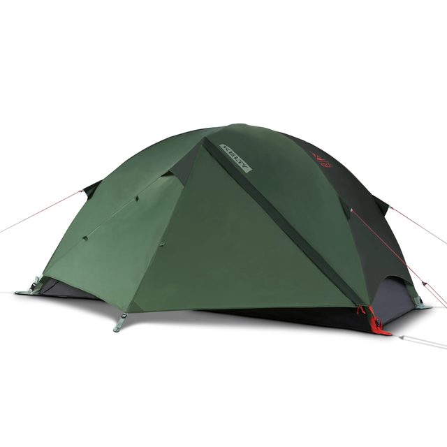 Kelty Wireless 2P tent pitched, with its rainfly and both vestibules