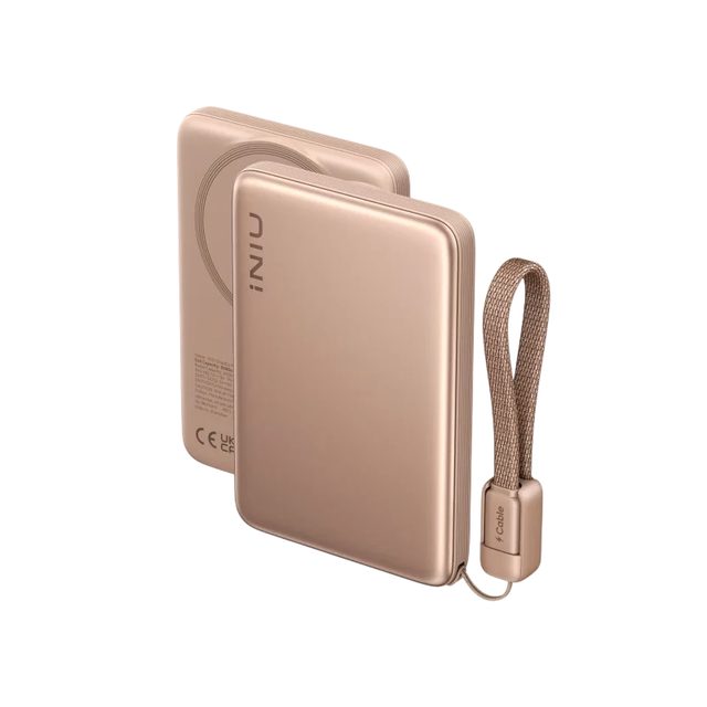 Two INIU SnapGo Air magnetic power banks in metallic mocha, one showing its magnetic ring, with a short attached cord