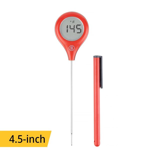 The red ThermoWorks ThermoPop 2 thermometer with its round display and thin steel probe, beside its red sleeve