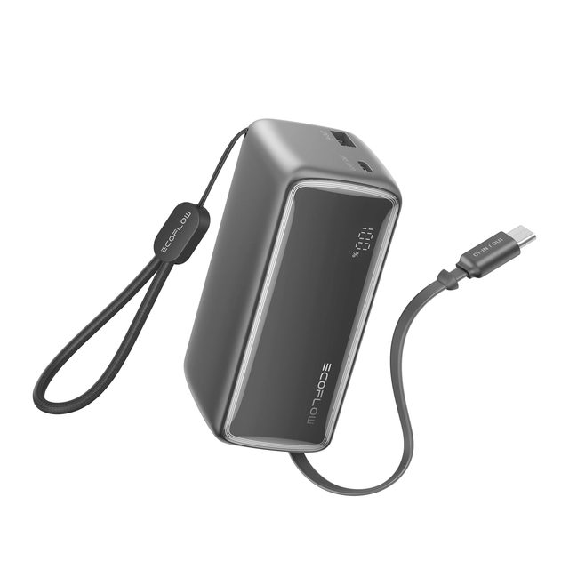 Dark gray EcoFlow RAPID 10K power bank with its USB-C cable pulled out of the body