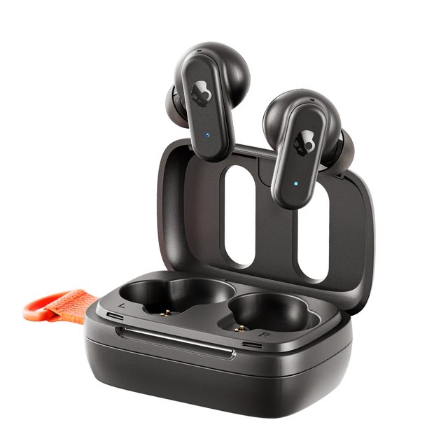 Black Skullcandy Dime 3 earbuds sitting in their open charging case, with an orange lanyard