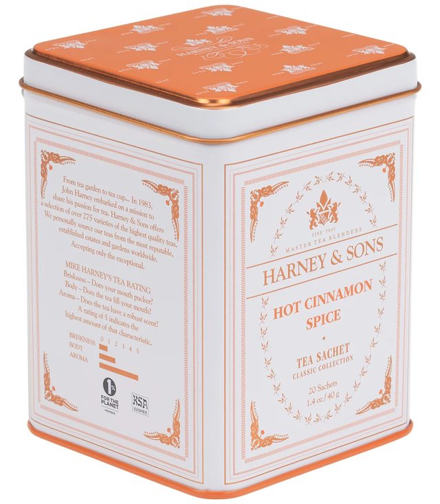A white and copper Harney & Sons tin labeled Hot Cinnamon Spice, tea sachet classic collection