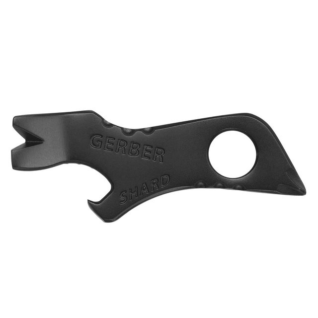 The black Gerber Shard keychain tool, a flat steel piece with a bottle opener, pry bar and drivers