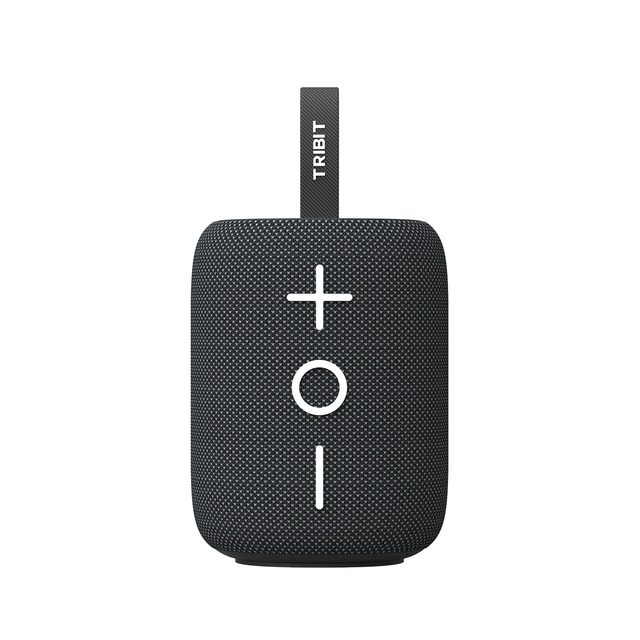 The black Tribit StormBox Mini+ speaker, a short round cylinder with a fabric grille