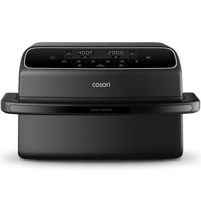 Cosori TwinFry 9-quart double air fryer, a wide dark gray machine with a full-width basket handle