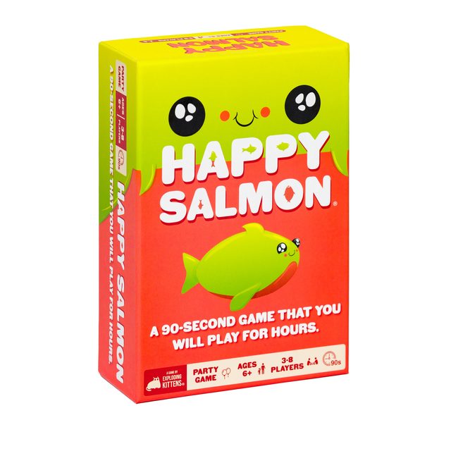 The Happy Salmon card game box, a small blue box with a smiling salmon