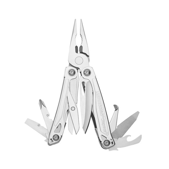 The stainless steel Leatherman Wingman multi-tool, opened to show its pliers, knife and drivers