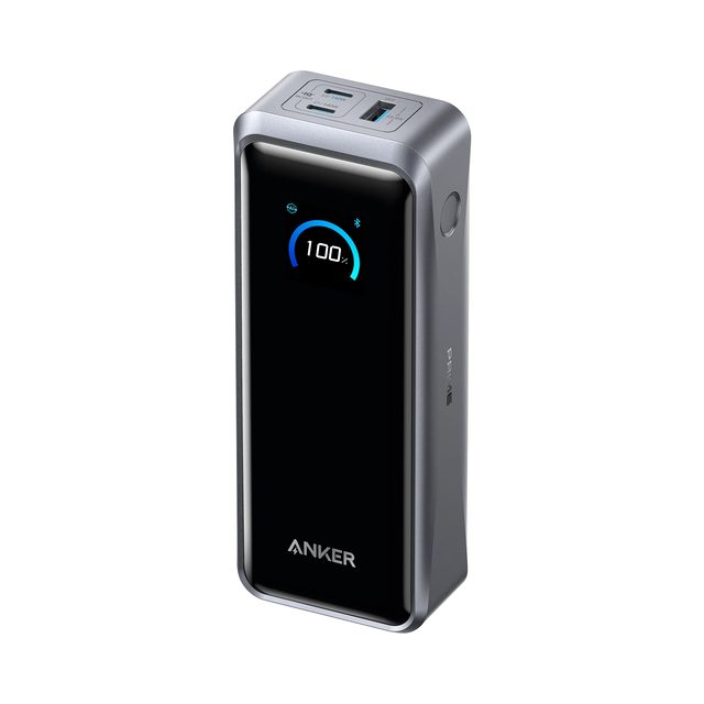 Anker Prime 26K power bank standing upright, with two USB-C ports and a USB-A port on top and a charge display on the front