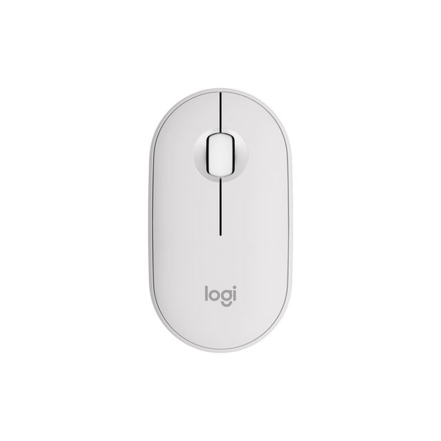 A flat oval white Logitech Pebble Mouse 2, seen from above