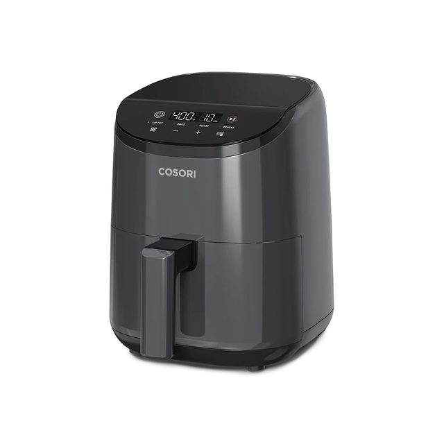 Cosori Lite 2.1-quart mini air fryer in gray, seen from the front