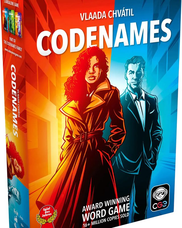 The box of the new edition of Codenames, with a woman in a red trench coat and a man in a blue suit