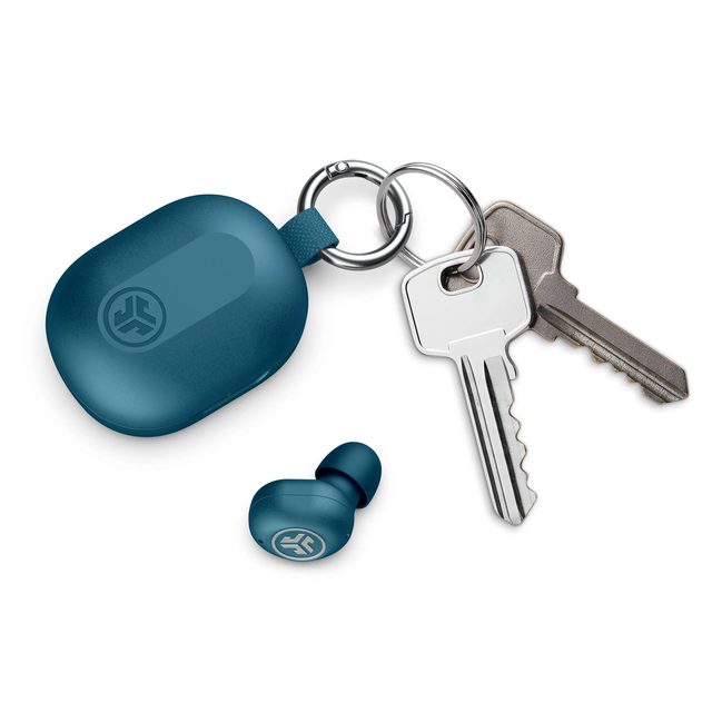 Blue JLab JBuds Mini ANC earbuds with their small charging case on a key ring