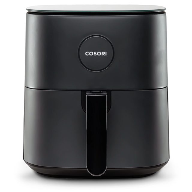 Cosori Pro LE 5-quart air fryer in dark gray, angled to show its glass control panel