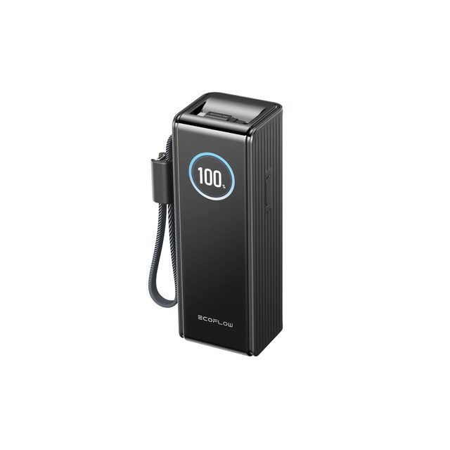Black EcoFlow RAPID 25K power bank standing upright, with its round charge display and a short strap cable