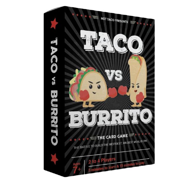 The Taco vs Burrito card game box, with a cartoon taco and burrito facing off