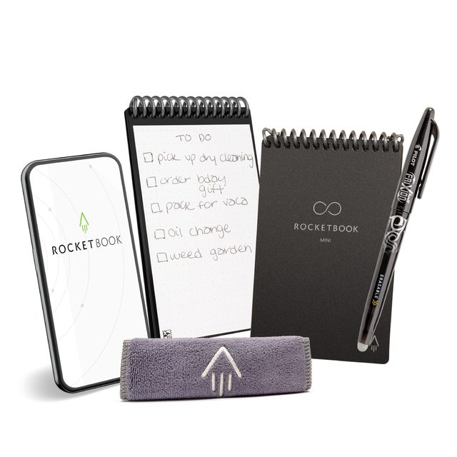 A black Rocketbook Mini notepad with a top spiral binding and a pen