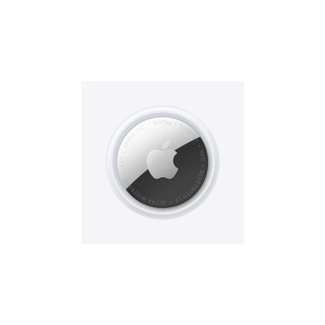 A single white second-generation Apple AirTag with its silver back